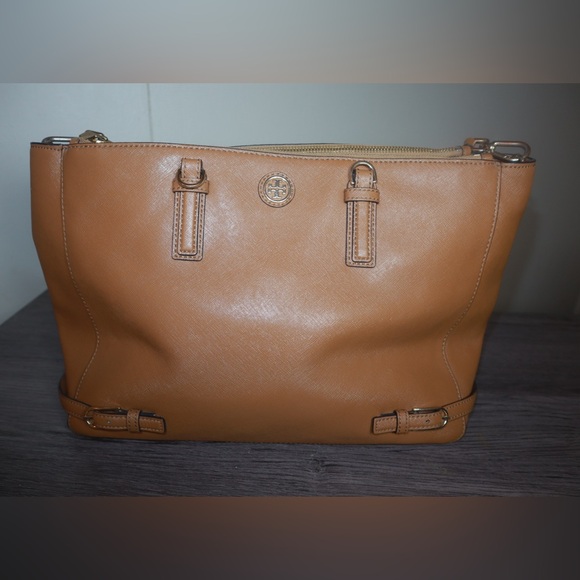 Tory Burch Handbags - Tory Burch "Pre-Owned" Brown Saffiano Leather Double Zip Tote Crossbody Bag
